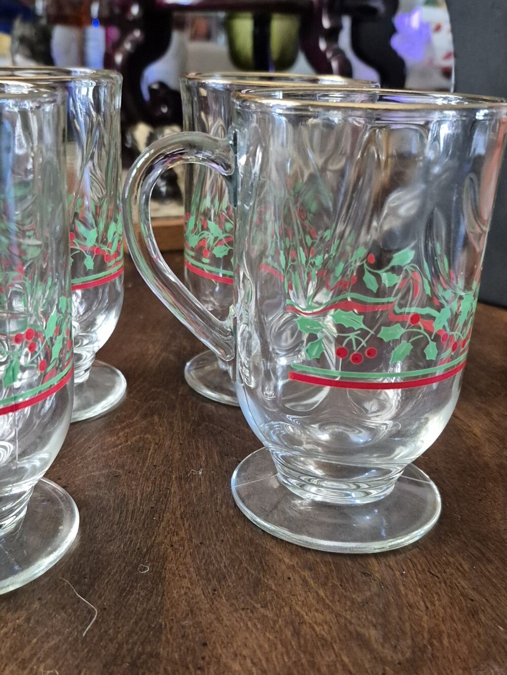 Vtg Libbey Clear Glass Holiday Mugs with Green and Red Holly Design